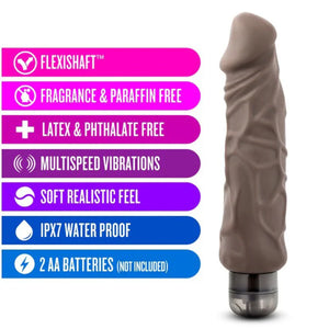 9-inch brown vibrating dildo with flexishaft, multispeed vibrations, waterproof, latex and phthalate free