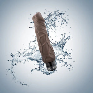 9-inch brown vibrating dildo with textured veins and water splash on gray background