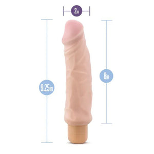 9.25-inch natural color vibrating dildo with 2-inch diameter and 8-inch insertable length