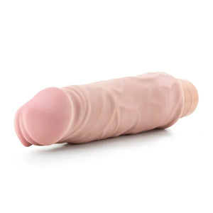 9-inch pink realistic vibrating dildo with textured veins on white background