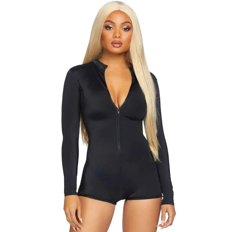 Zipper Front Long Sleeved Matte Romper - Large - Black