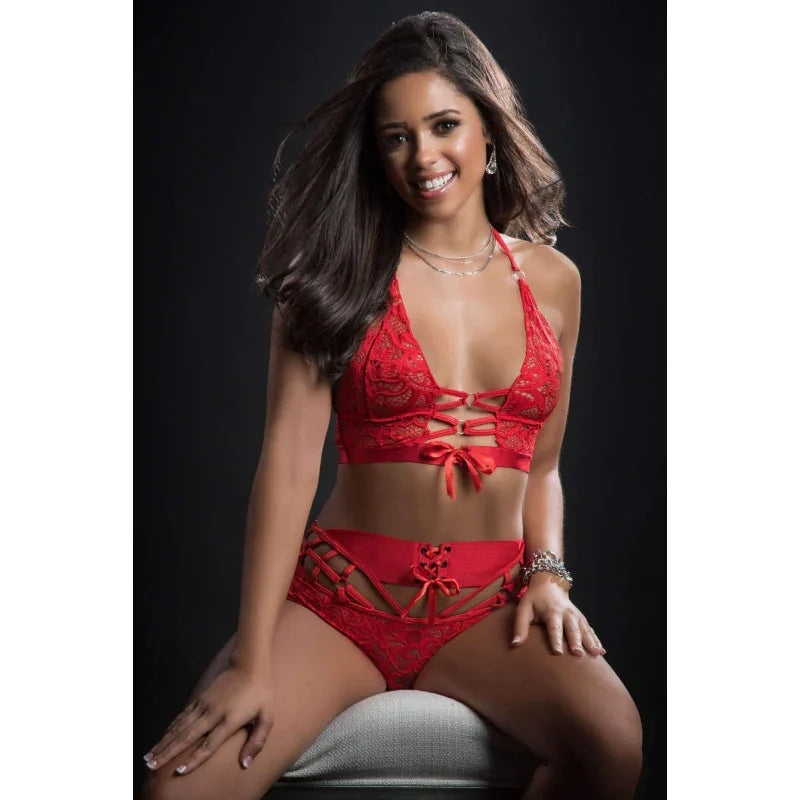 2pc O-Ring Boyshort Halter Top and Stockings - One Size - Candy Red