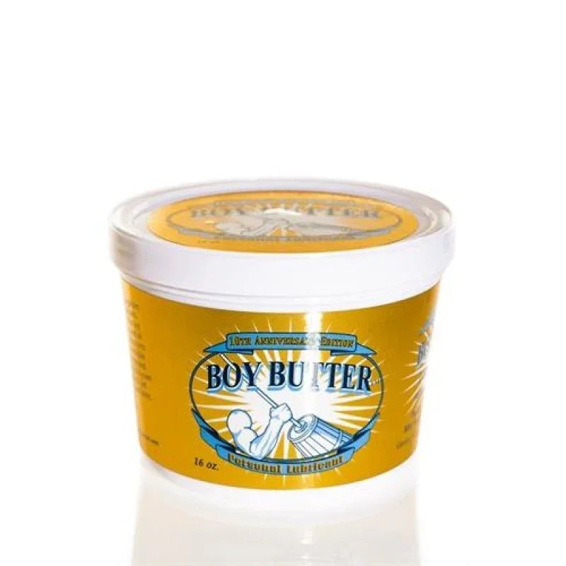 16 oz Boy Butter original oil-based lubricant in yellow tub with white lid