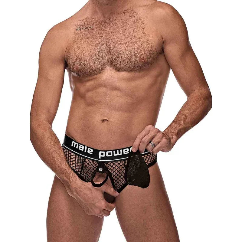 Cock Pit Net Cock Ring Thong - L/ XL - Black