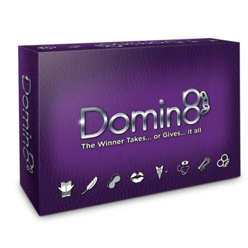 Domin8 adult party game box with purple background and silver text, featuring playful icons and tagline