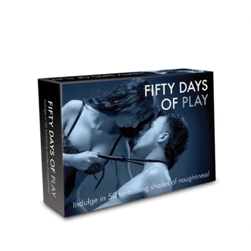 Fifty Days of Play adult game box featuring a couple in intimate pose with playful restraint, erotic game