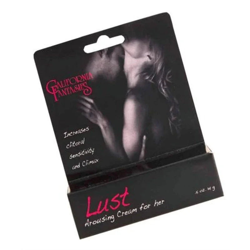 California Fantasies Lust arousing cream for her in 0.5 oz boxed packaging with couple image