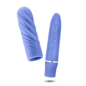 Periwinkle blue Luxe Nimbus Mini vibrator with textured silicone cover and floral pattern