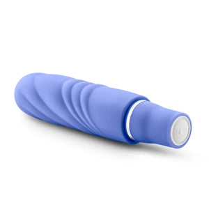 Compact periwinkle blue luxury mini vibrator with spiral texture and white control button