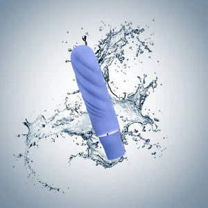 Blue mini vibrator with spiral texture splashing through water, waterproof adult toy