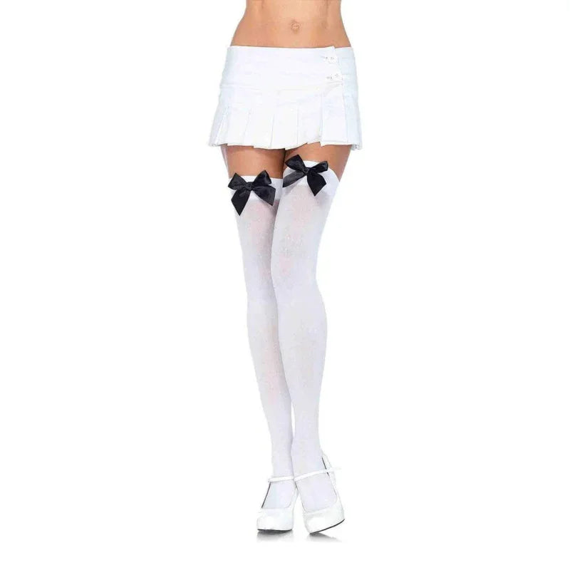 Nylon Thigh Highs With Bow - One Size - White / Black - MyPleasure