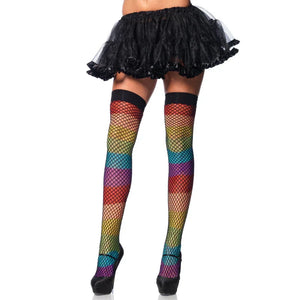 Rainbow Thigh Highs With Fishnet Overlay - One Size