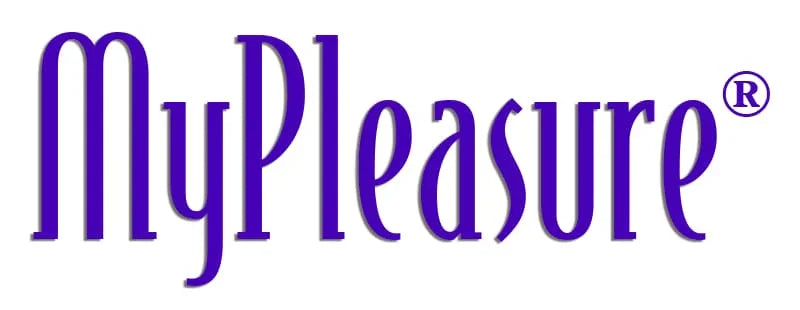 MyPleasure logo in purple on white background, stylized text with ® symbol