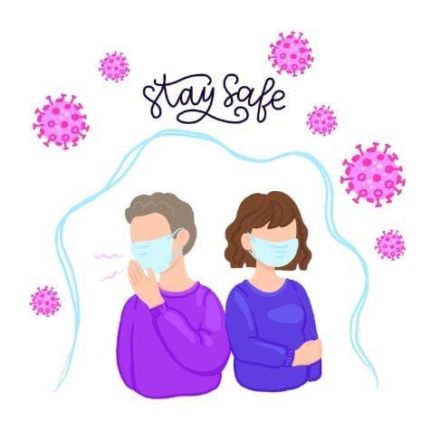 Illustration of man and woman wearing face masks with pink coronavirus particles and 'stay safe' text