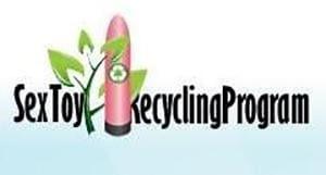 Sex toy recycling program logo featuring a pink vibrator with green leaves, symbolizing eco-friendly recycling