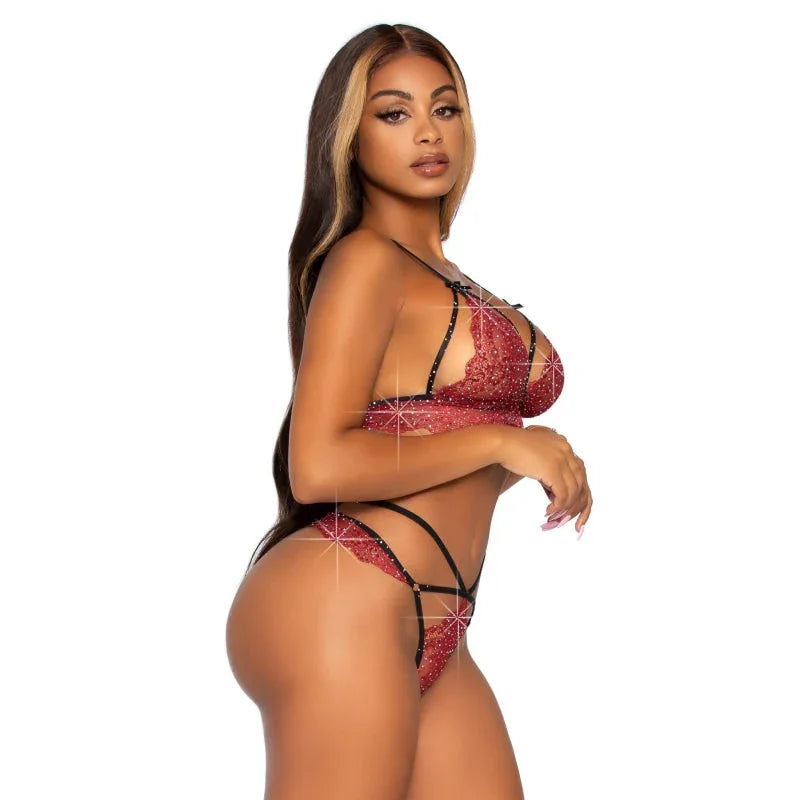 2 Pc Rhinestone Lace Bralette and G-String Set - Medium - Burgundy