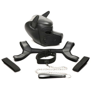 Full Pup Arsenal Set Neoprene Puppy Hood, Chest Harness, Collar With Leash and Arm Band - Black