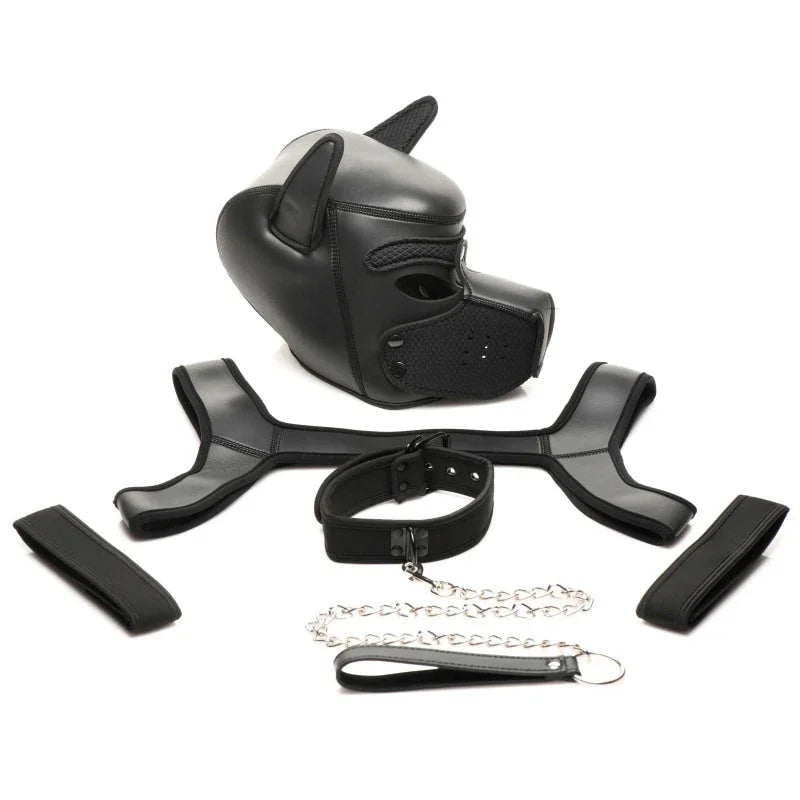 Full Pup Arsenal Set Neoprene Puppy Hood, Chest Harness, Collar With Leash and Arm Band - Black