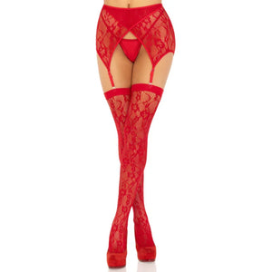 2 Pc Rachel Lace Thigh High and Crossover Garter Belt - One Size - Red