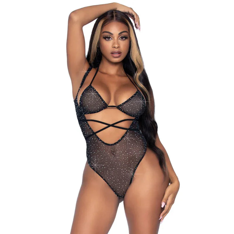 2 Pc. Rhinestone Wrap Around Bikini Top and Suspender Bodysuit - One Size - Black