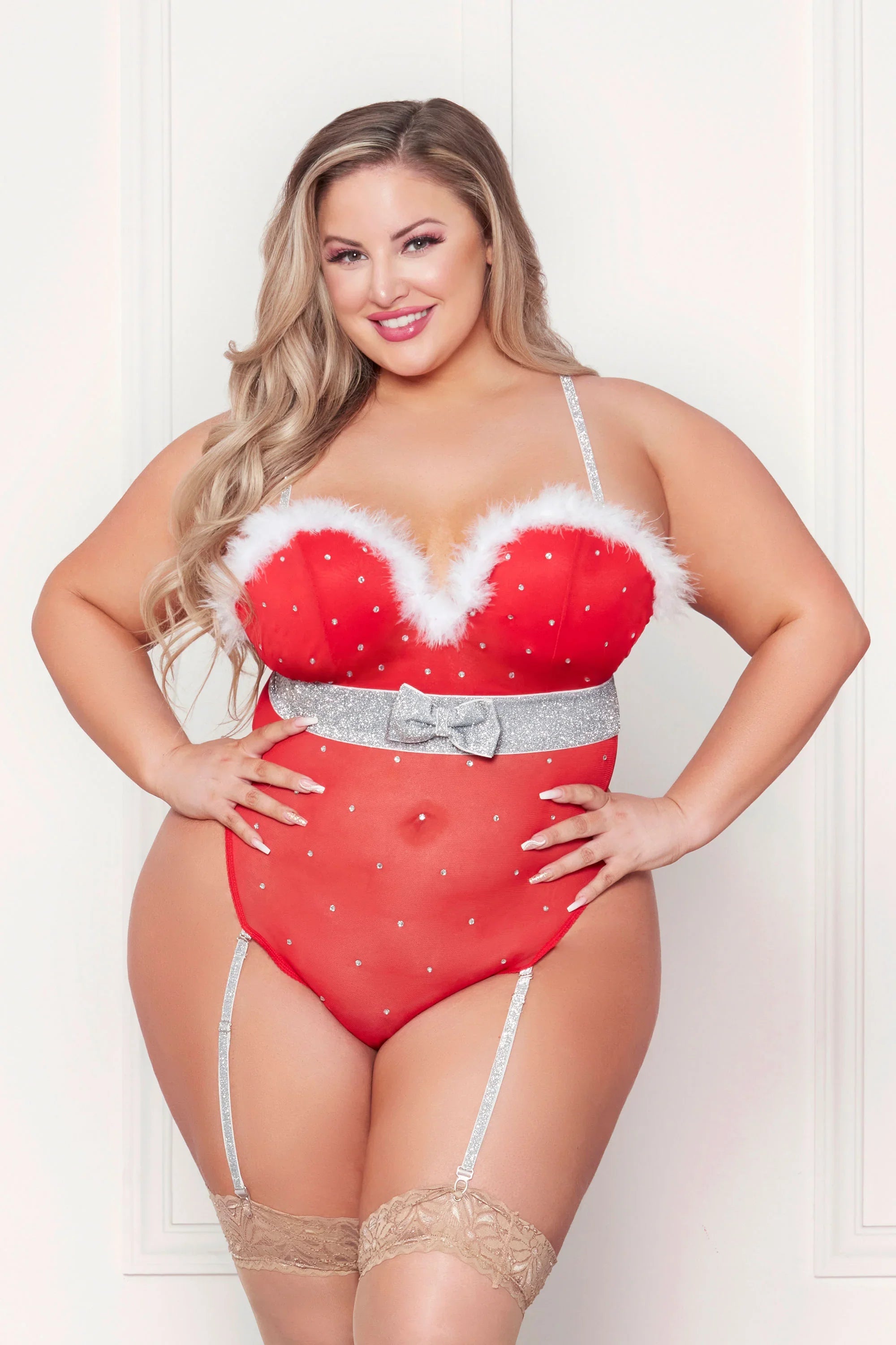 Rhinestone Studded Mesh Teddy With Marabou Trim Red