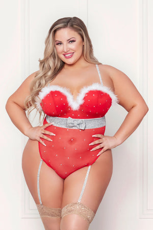 Rhinestone Studded Mesh Teddy With Marabou Trim Red