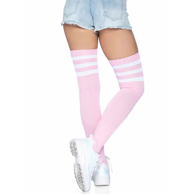 3 Stripes Athletic Ribbed Thigh Highs - One Size - - One Size - Light Pink - MyPleasure