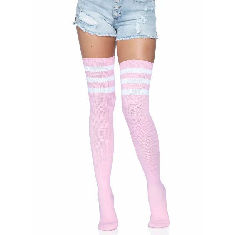 3 Stripes Athletic Ribbed Thigh Highs - One Size - - One Size - Light Pink - MyPleasure