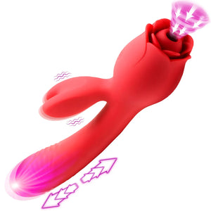Blooming Bunny Sucking and Thrusting Silicone Rabbit Vibrator - Red