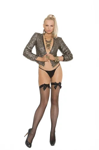 Fishnet Thigh Hi With Back Seam and Satin Bow - Black
