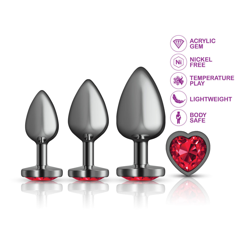 Presale Only - Cheeky Charms - Metal Butt Plug  Gunmetal - Heart Dark Red - Anal Trainer Kit