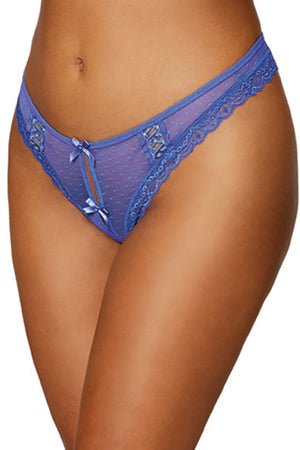 Dot Mesh Open Crotch Thong - Medium - Periwinkle