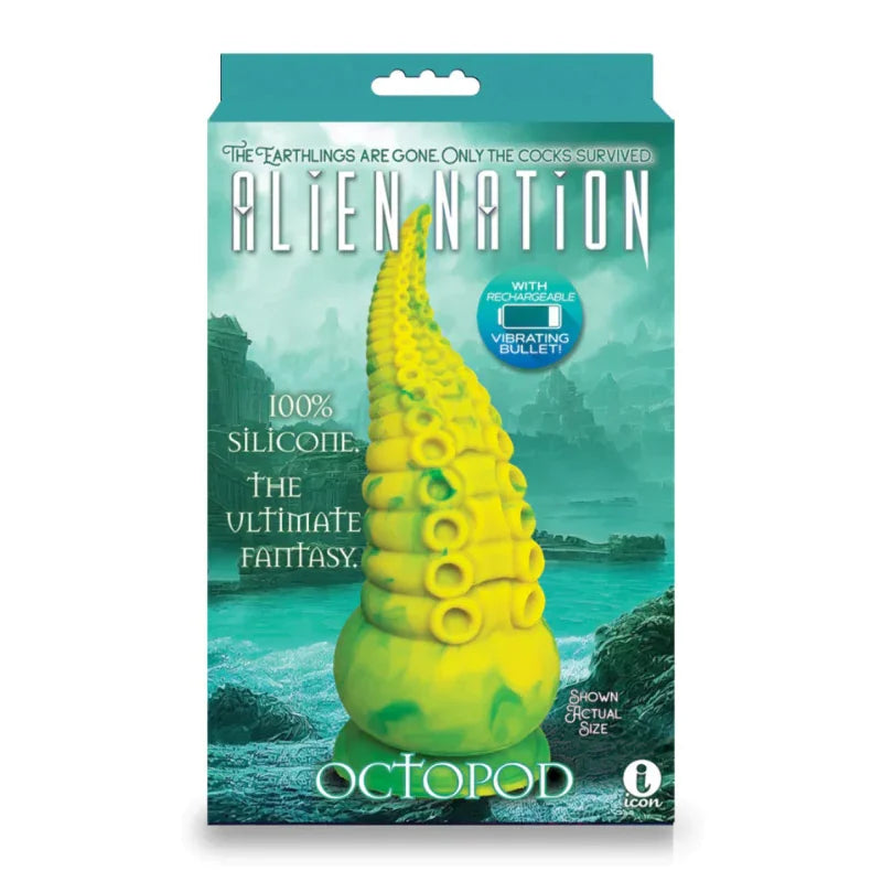 Alien Nation Octopod Silicone Rechargeable Vibrating Creature Dildo - Yellow and Green