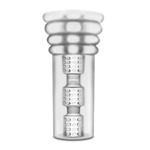 Transparent male masturbation aid with textured interior and ribbed entrance sleeve