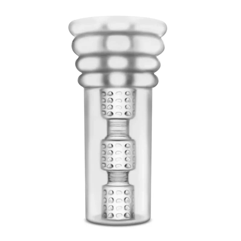 Transparent male masturbation aid with textured interior and ribbed entrance sleeve