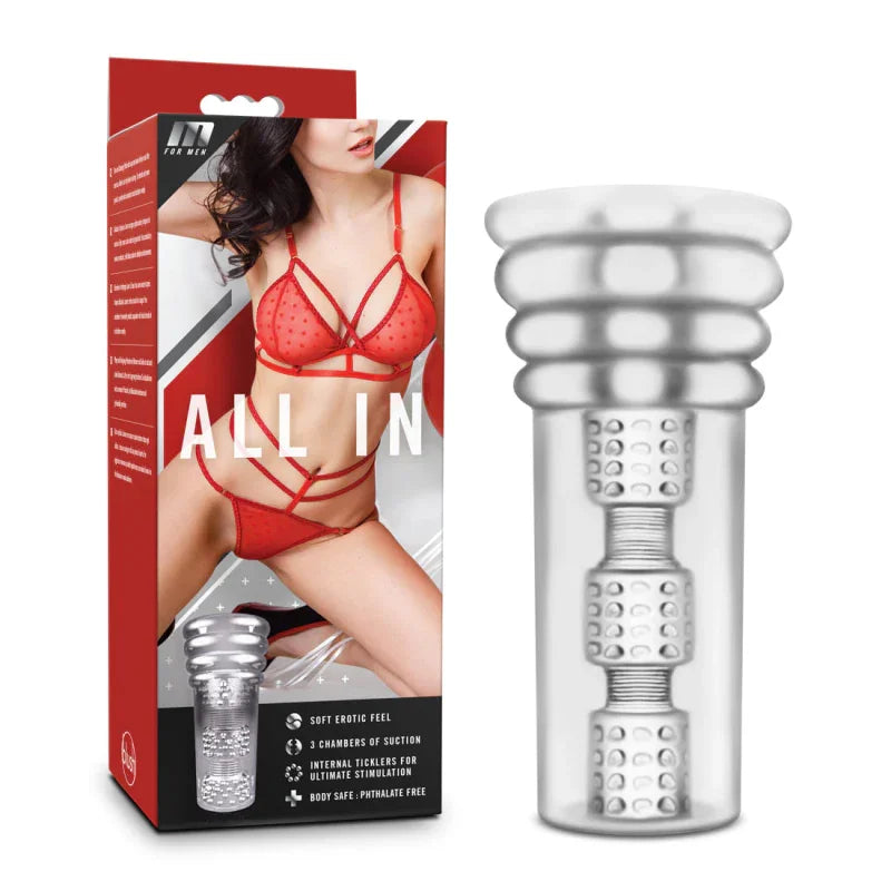Clear male masturbation aid with textured chambers next to red lingerie packaging labeled All In