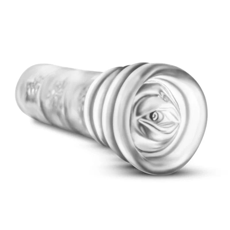 Transparent male masturbation aid sleeve with textured interior and ribbed exterior design