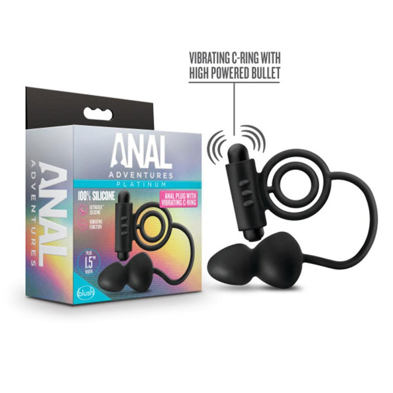 Anal Adventures - Platinum - Silicone Anal Plug With Vibrating C-Ring - Black