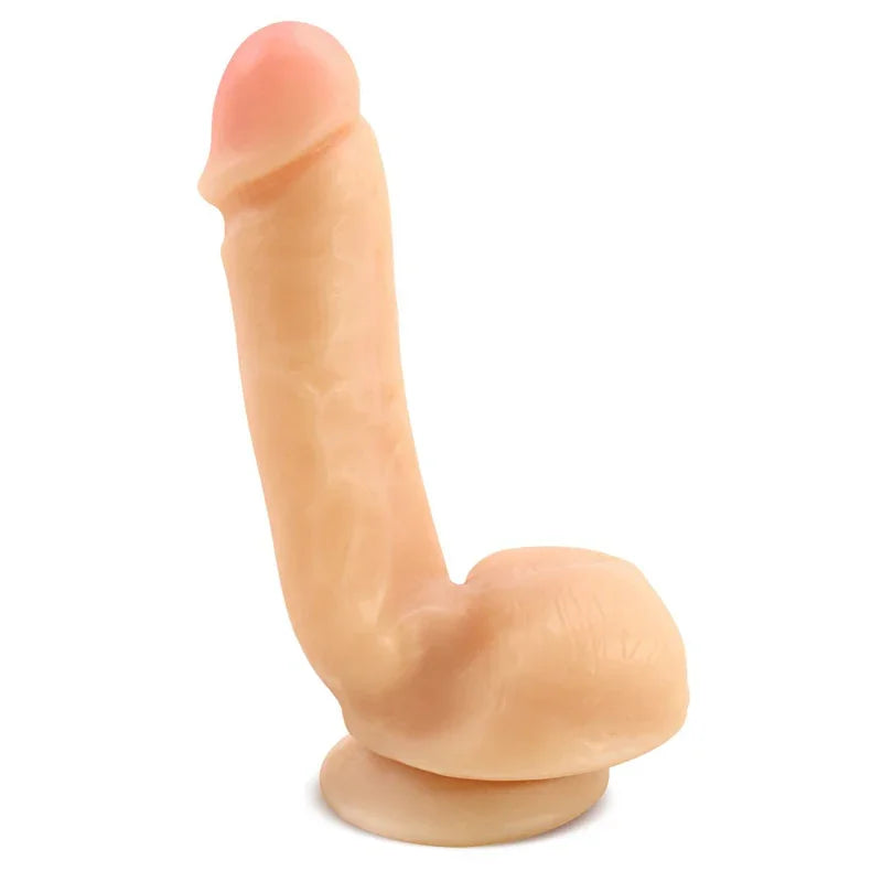 Beige realistic dildo with suction base and textured shaft on white background