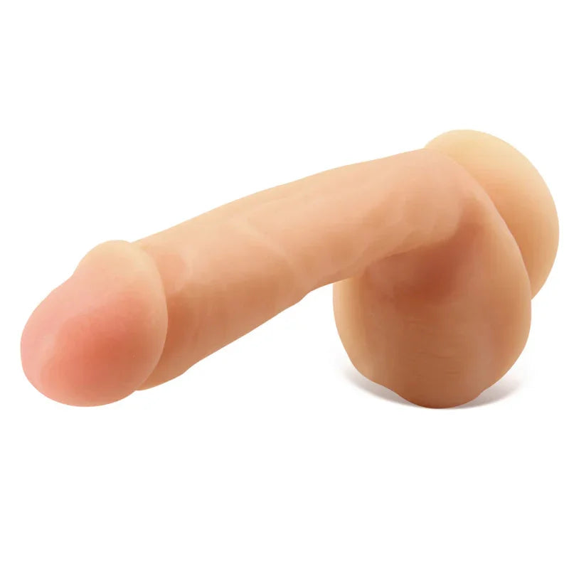 Beige realistic dildo with detailed texture and bulbs isolated on white background