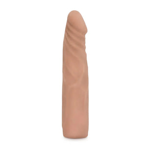 Realistic light brown silicone dildo with veined texture and curved tip on white background