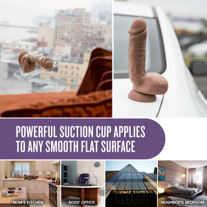 Realistic dildo with suction cup on window and car surfaces, shown in kitchen, office, bedroom