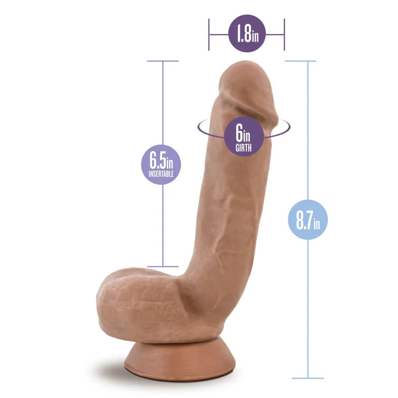 Realistic brown dildo with detailed veining and suction base showing 8.7 in length and 6 in girth
