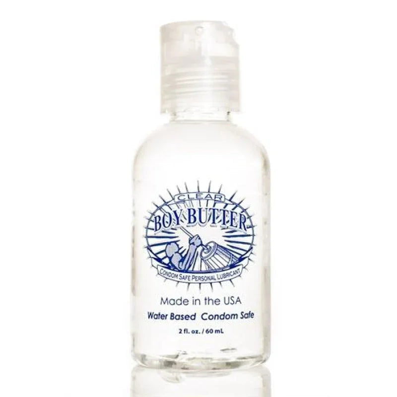 Boy Butter Clear water-based personal lubricant bottle, condom safe, made in USA, 2 fl oz