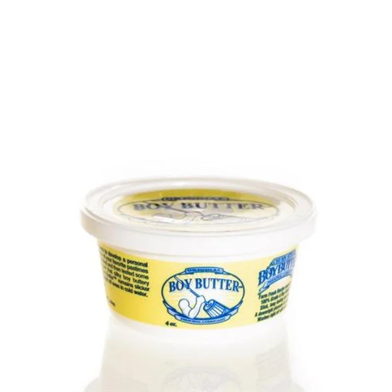4 oz container of Boy Butter personal lubricant with yellow label and white lid