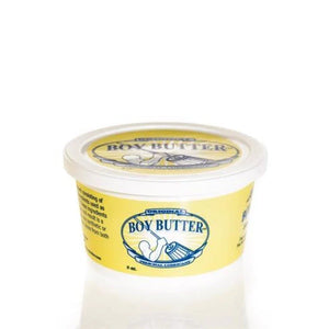 Boy Butter personal lubricant in an 8 oz yellow and white tub with blue text and logo
