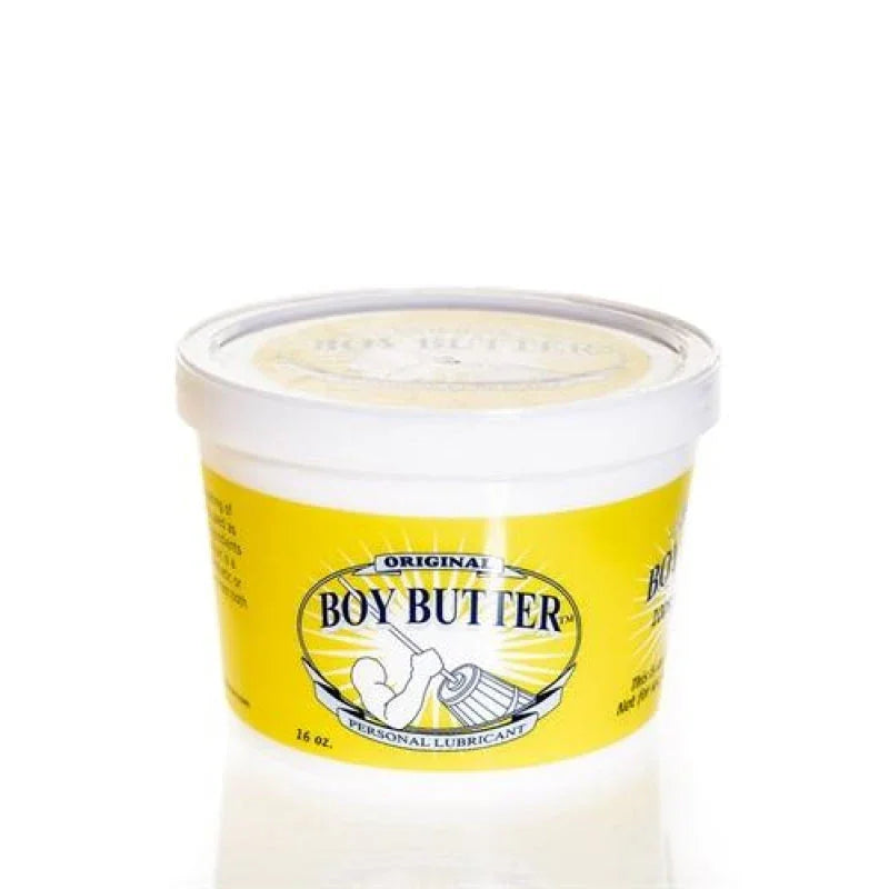 Original Boy Butter 16 oz personal lubricant in yellow and white container