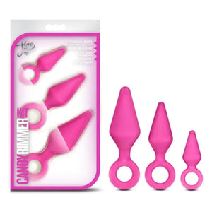 Set of three pink silicone candy rimmer plugs in small, medium, and large sizes with ring handles, packaged