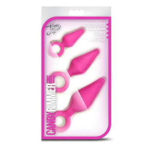 Fuchsia pink Candy Rimmer Kit with three silicone plugs in small, medium, and large sizes in clear packaging