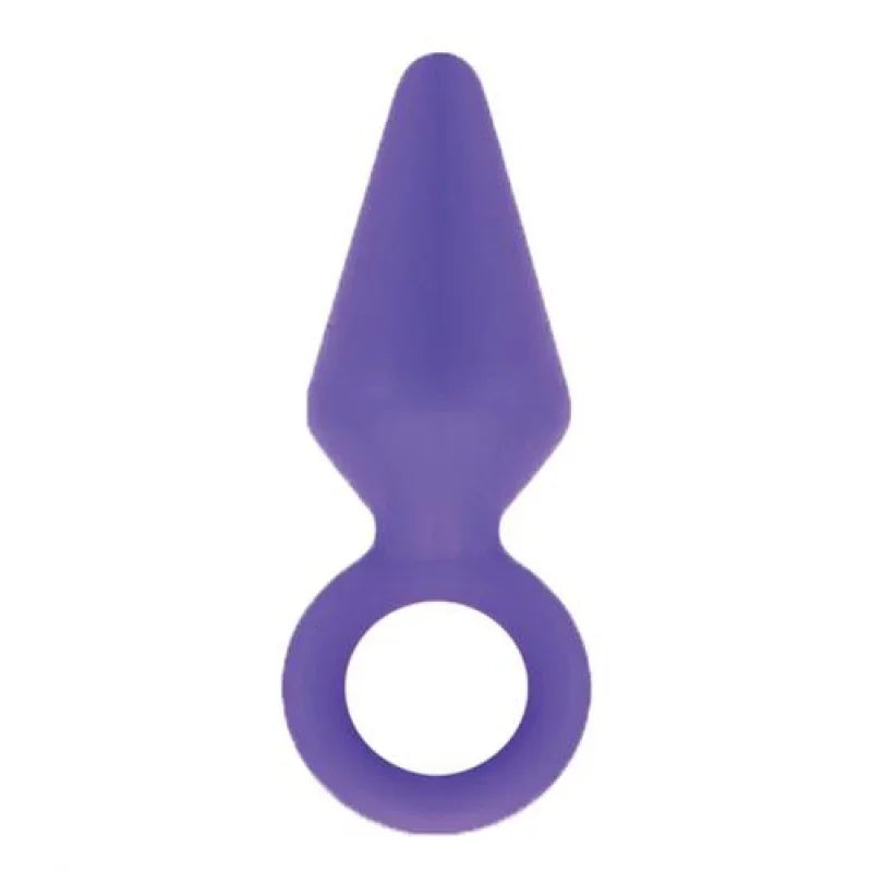 Purple silicone anal plug with tapered tip and ring handle for easy use